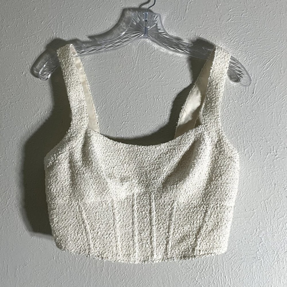 H&M Top Women Medium M‎ Ivory Texture Boning Lined Zipper Cropped Festival READ